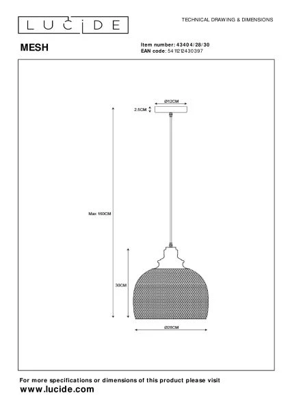 Lucide MESH - Suspension - Ø 28 cm - 1xE27 - Noir - TECHNISCH